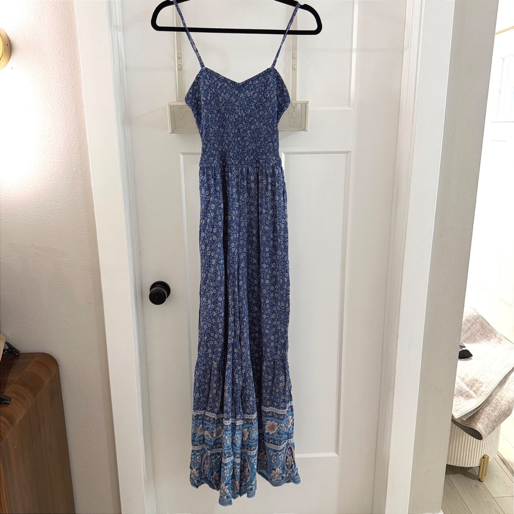 Natural Life Blue Floral Smocked Wide Leg Jumpsuit Boho XS Hippie Coastal